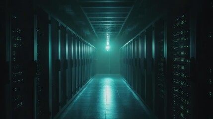 Fototapeta premium A dimly lit server room with rows of servers emitting green lights.