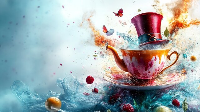 Mad Hatter's Teapot Explosion Banner background of Mad Hatter Day theme banner design for microstock, no text, and wide copy space, Mad Hatter's Teapot Explosion, 