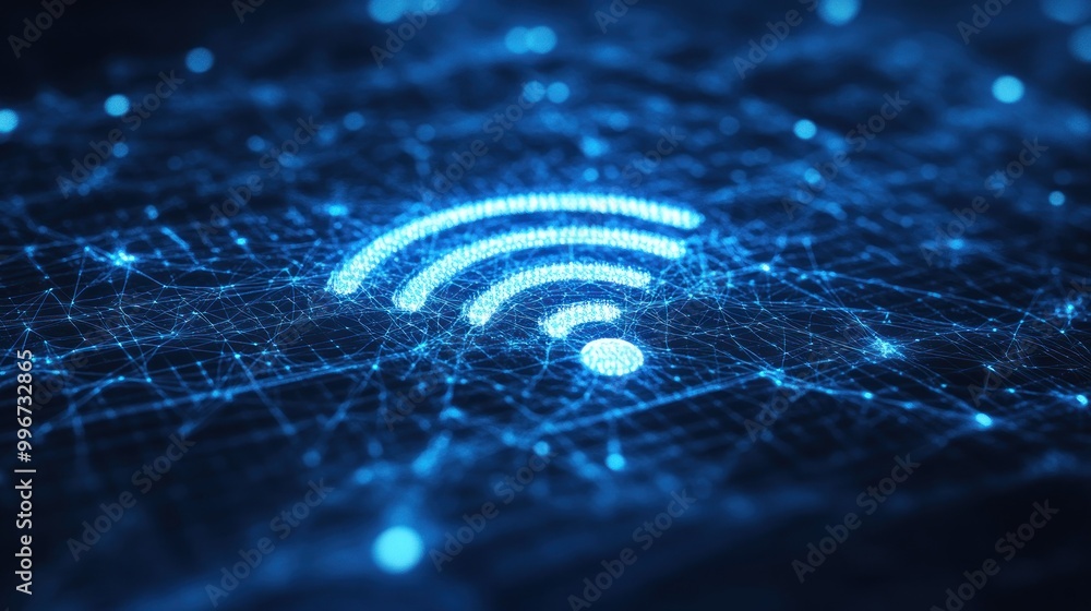 Poster a digital representation of a wi-fi symbol surrounded by a network of interconnected nodes.