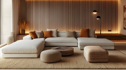 Cozy and inviting modern living room featuring a large comfortable sectional sofa minimalist and stylish decor warm toned accents soft ambient lighting natural textures like wood and woven elements