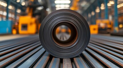 Fototapeta premium Close-up of steel coils in a modern metalworking facility, detailed textures, advanced machinery in the background, bright and spacious industrial environment