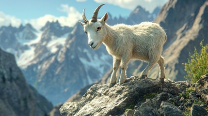 Fototapeta premium A mountain goat stands on a rocky ledge with a stunning mountainous backdrop.