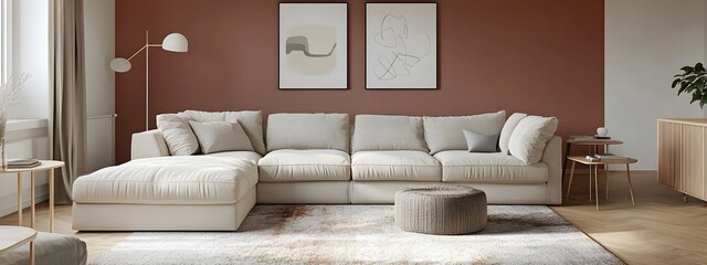 Cozy and inviting modern living room featuring a large comfortable sectional sofa minimalist stylish decor a color accent wall plush area rug mid century modern side tables