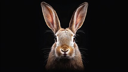 Fototapeta premium A tight shot of a rabbit's face against a black backdrop, mirrored by its head's reflection