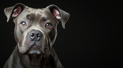  Close-up of a dog's intense face against a black backdrop