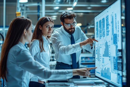 A team of engineers discussing the implementation of new automation technologies in a factory, with diagrams and metrics illustrating potential improvements, showcasing the collaborative approach