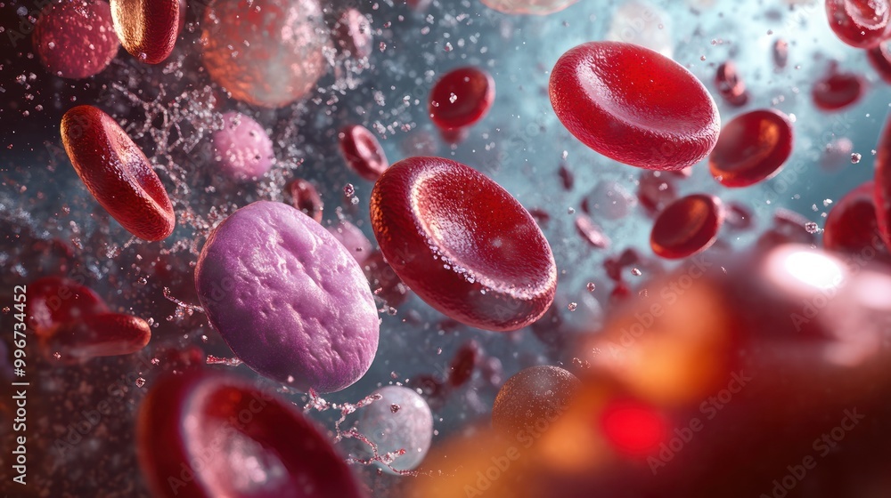 Poster close-up view of blood cells in motion, showcasing their structure and interaction.
