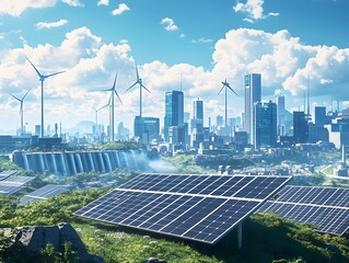 Cinematic Scenes of Renewable Energy Projects Fueling Urban Revitalization and Community Empowerment with Large Scale Solar Panel Arrays Powering Modern Cityscapes Wind Turbines Dotting the Skyline