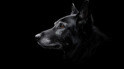Naklejka premium A dog's face, tightly framed against black backdrop, exhibits a distinct white mark on its left side