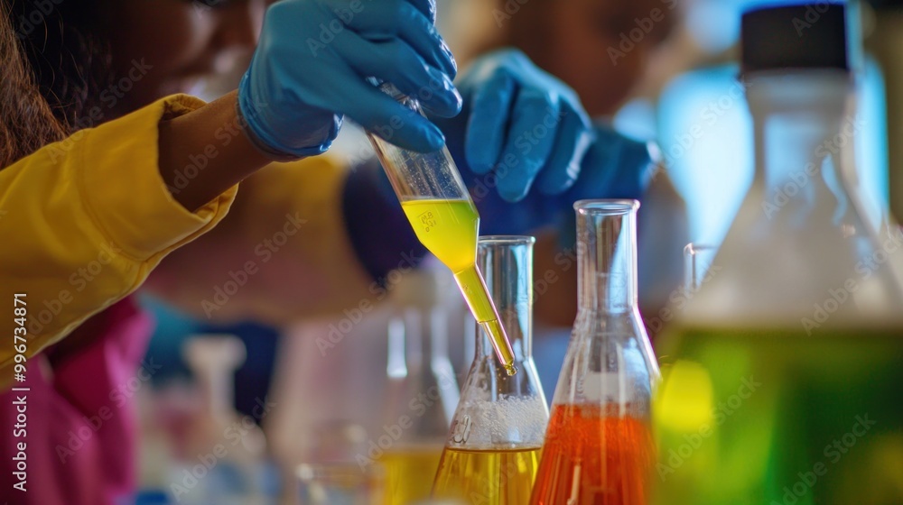 Poster a scientist conducts an experiment with colorful liquids in a laboratory setting.