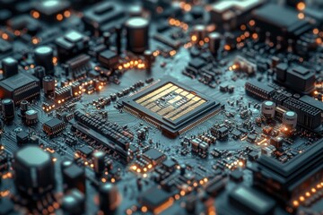 Obraz premium Close-up view of a modern computer motherboard with illuminated components, showcasing intricate details and technology complexity.