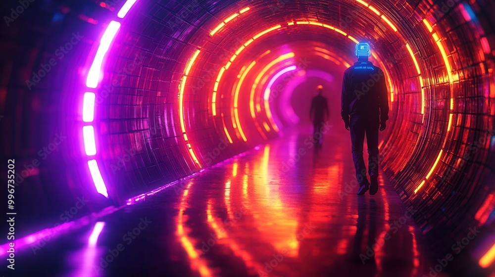 Poster a mesmerizing tunnel illuminated with vibrant neon lights, creating an otherworldly atmosphere for e