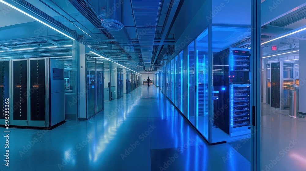Poster a modern data center corridor illuminated with blue lights and lined with server racks.