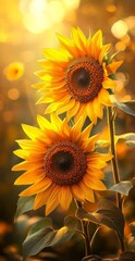 Obraz premium Two sunflowers amidst a sea of sunflowers, sun casting light from