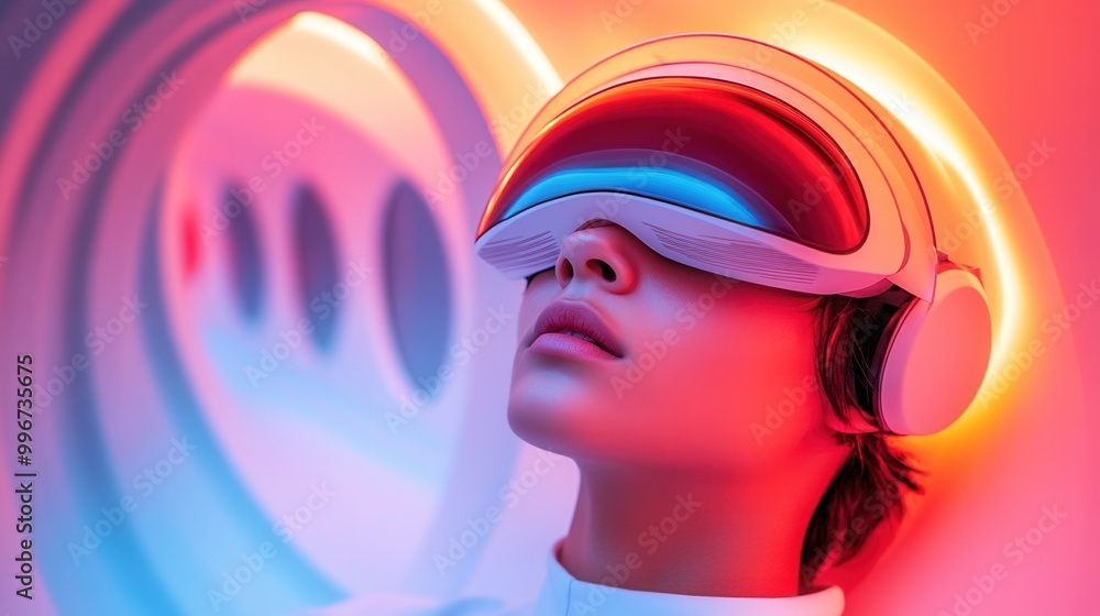 Poster a person experiencing virtual reality in a futuristic setting with vibrant neon lights and advanced 