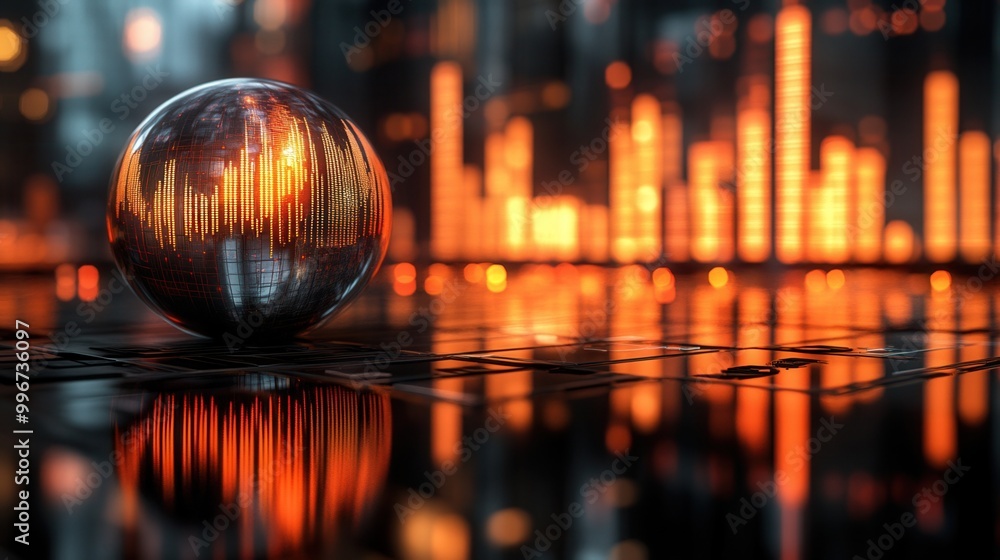 Poster a reflective sphere surrounded by dynamic orange lights and patterns, creating a vibrant, modern atm