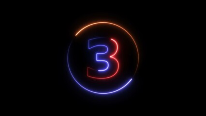 Abstract neon light countdown 3 number illustration background 4K.