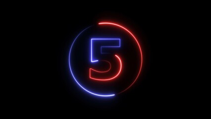 Abstract neon light countdown 5 number illustration background 4K.