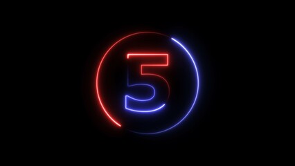 Abstract neon light countdown 5 number illustration background 4K.