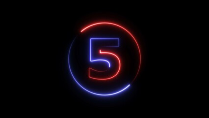 Abstract neon light countdown 5 number illustration background 4K.