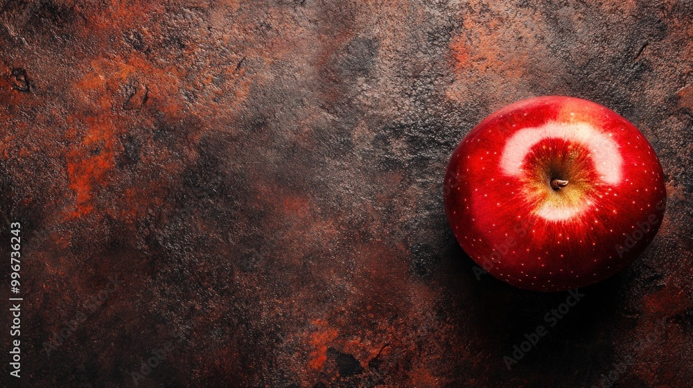 Poster a single red apple on a textured dark surface, emphasizing freshness and simplicity.