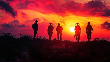 Silhouetted soldiers against a vibrant sunset, symbolizing courage and unity.