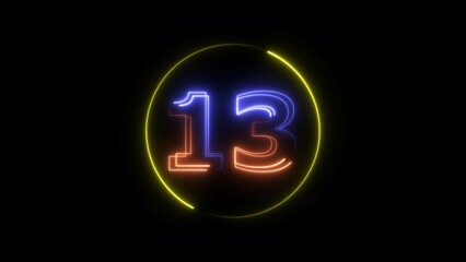 Glowing neon countdown 13 number illustration background 4K resolution.
