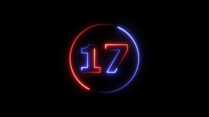 Glowing neon countdown 17 number illustration background 4K resolution.