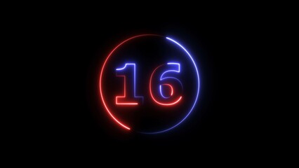 Glowing neon countdown 16 number illustration background 4K resolution.