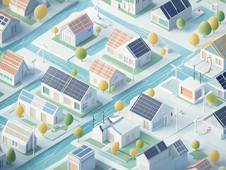 Fototapeta premium Community driven renewable energy initiatives fueling urban transformation with rooftop solar panels small scale wind turbines micro hydroelectric generators