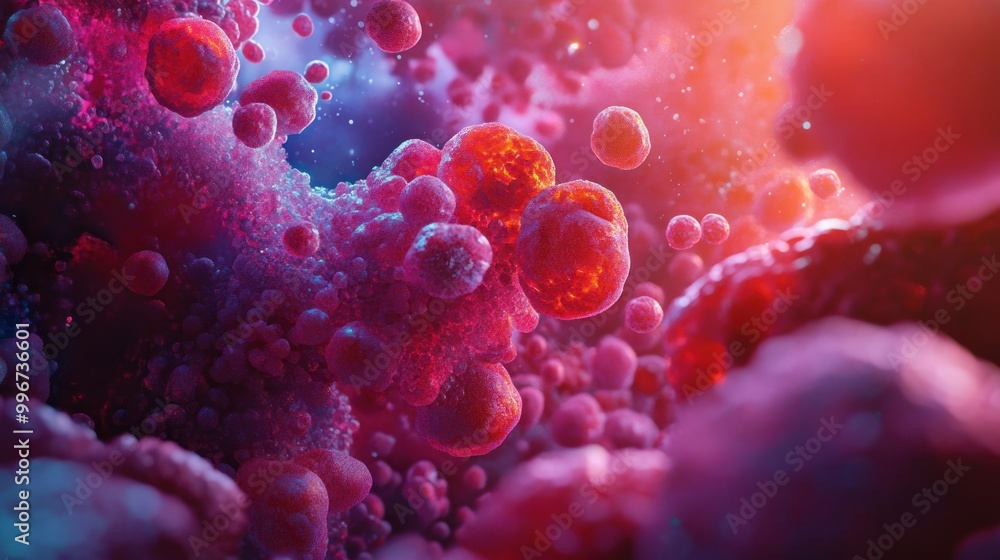 Poster abstract representation of cellular structures and microscopic elements in vibrant colors.