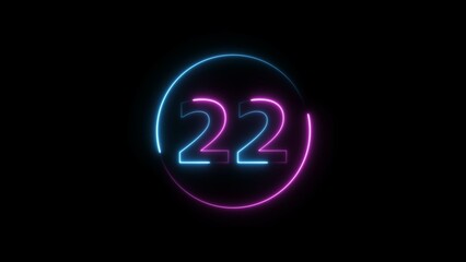 Glowing neon countdown 22 number illustration background 4K resolution.