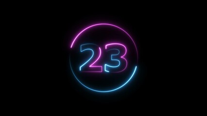 Glowing neon countdown 23 number illustration background 4K resolution.