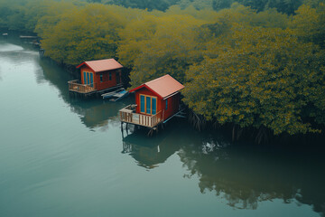 Obraz premium Aerial view of beach house with clear sea water, Landscape view of beach hut with raft and boat.