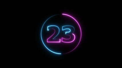 Glowing neon countdown 23 number illustration background 4K resolution.