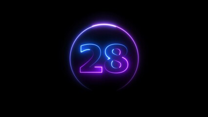 Glowing neon countdown 28 number illustration background 4K resolution.