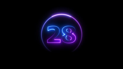 Glowing neon countdown 28 number illustration background 4K resolution.