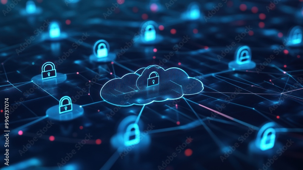 Poster digital cloud network with security locks symbolizing data protection and connectivity.