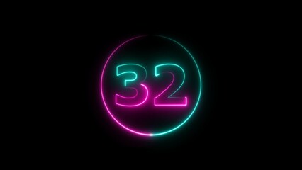 Abstract glowing neon countdown number 32 background 4k illustration.