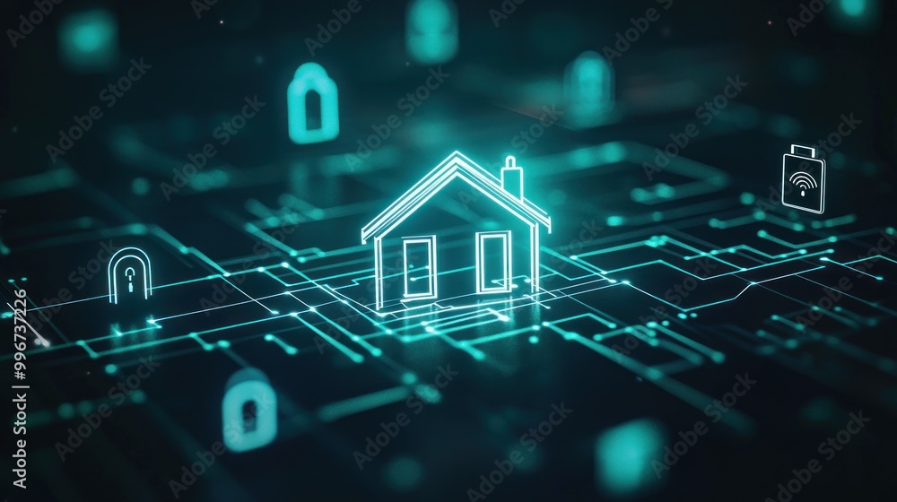 Aufkleber digital representation of a smart home with security icons and interconnected lines.