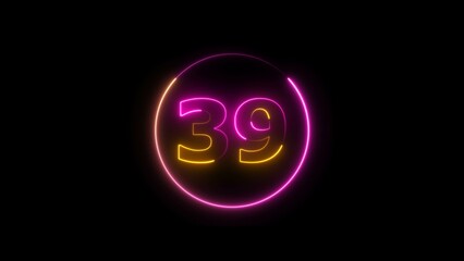Abstract beautiful neon countdown number 39 background 4k illustration.