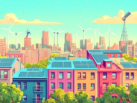 Community Led Renewable Energy Initiatives Fueling Urban Renaissance with Vibrant Eco Futuristic Rooftop Solar Panels Small Scale Wind Turbines Micro Hydroelectric Generators