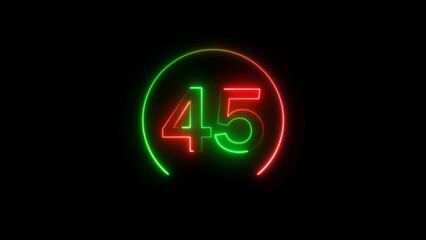 Abstract neon countdown number 45 background 4k illustration.