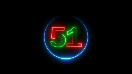 Abstract glowing neon 51 number background 4k illustration.