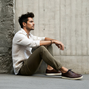 A man is seated on the ground, leaning against a wall, dressed in casual, stylish attire with one knee raised