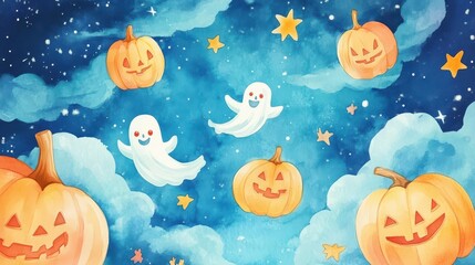 Enchanting Watercolor Halloween Night with Pumpkins, Smiling Ghosts, and Pastel Clouds