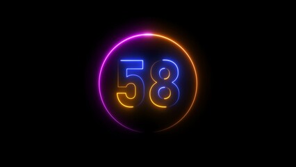 Abstract glowing neon 58 number background 4k illustration.