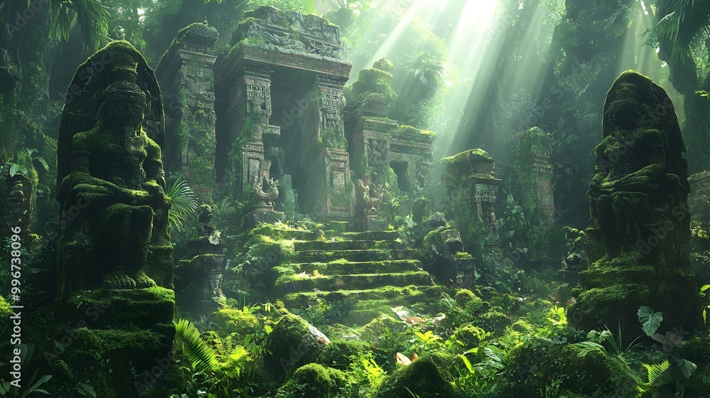 Poster crumbling moss covered remnants of an ancient temple buried deep within a dense verdant jungle intri