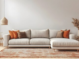 Cozy and inviting modern living room with a large comfortable sectional sofa and minimalist stylish decor  Bright color accents mid century modern style