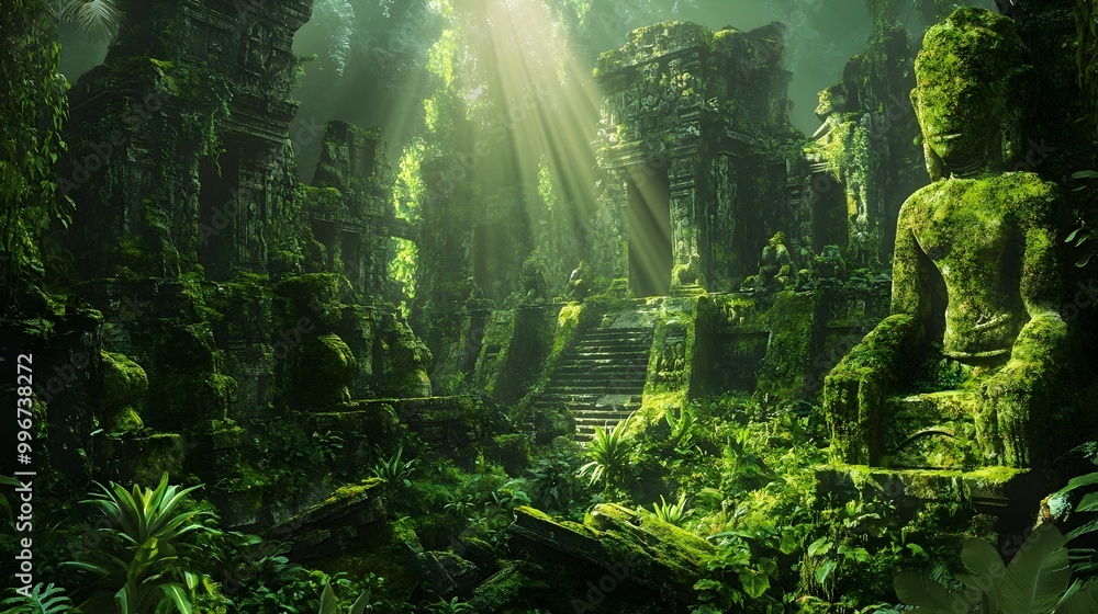 Poster crumbling moss covered remnants of an ancient temple buried deep within a dense verdant jungle with 